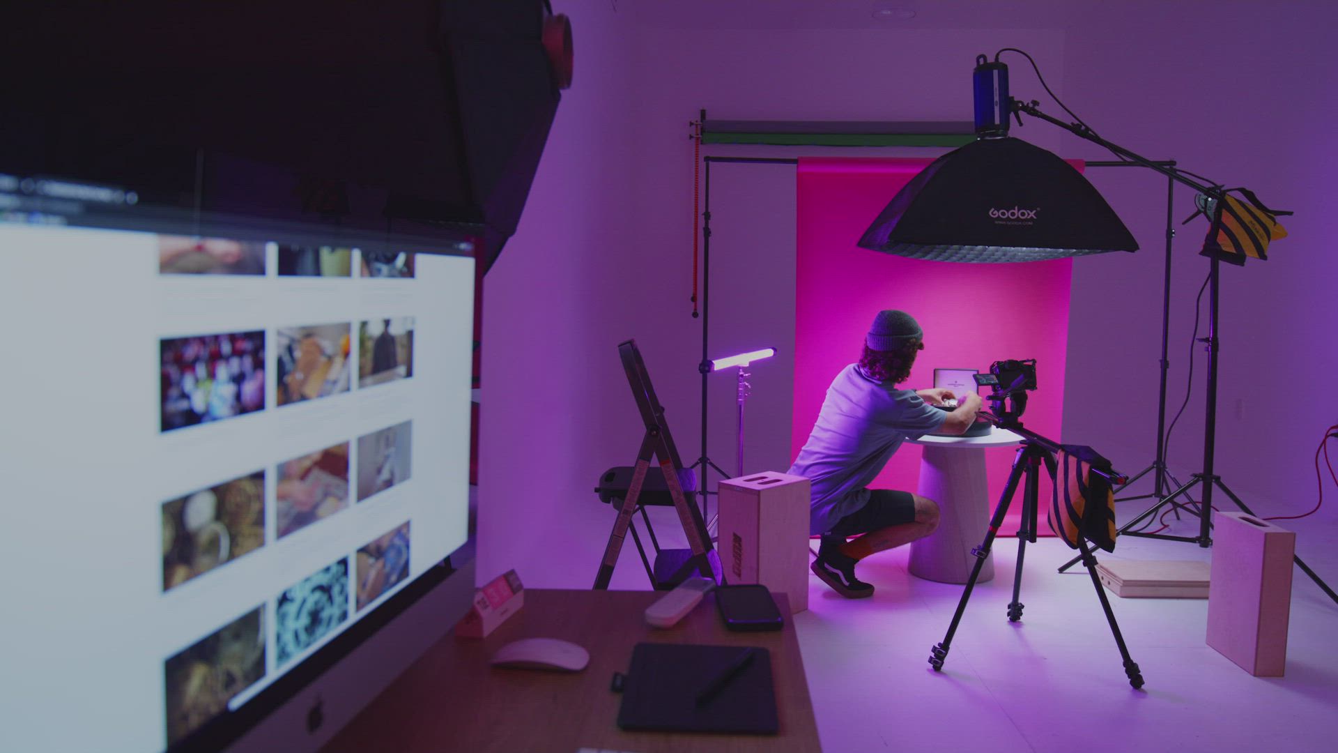 Behind the scenes of a commercial shoot in a lit studio
